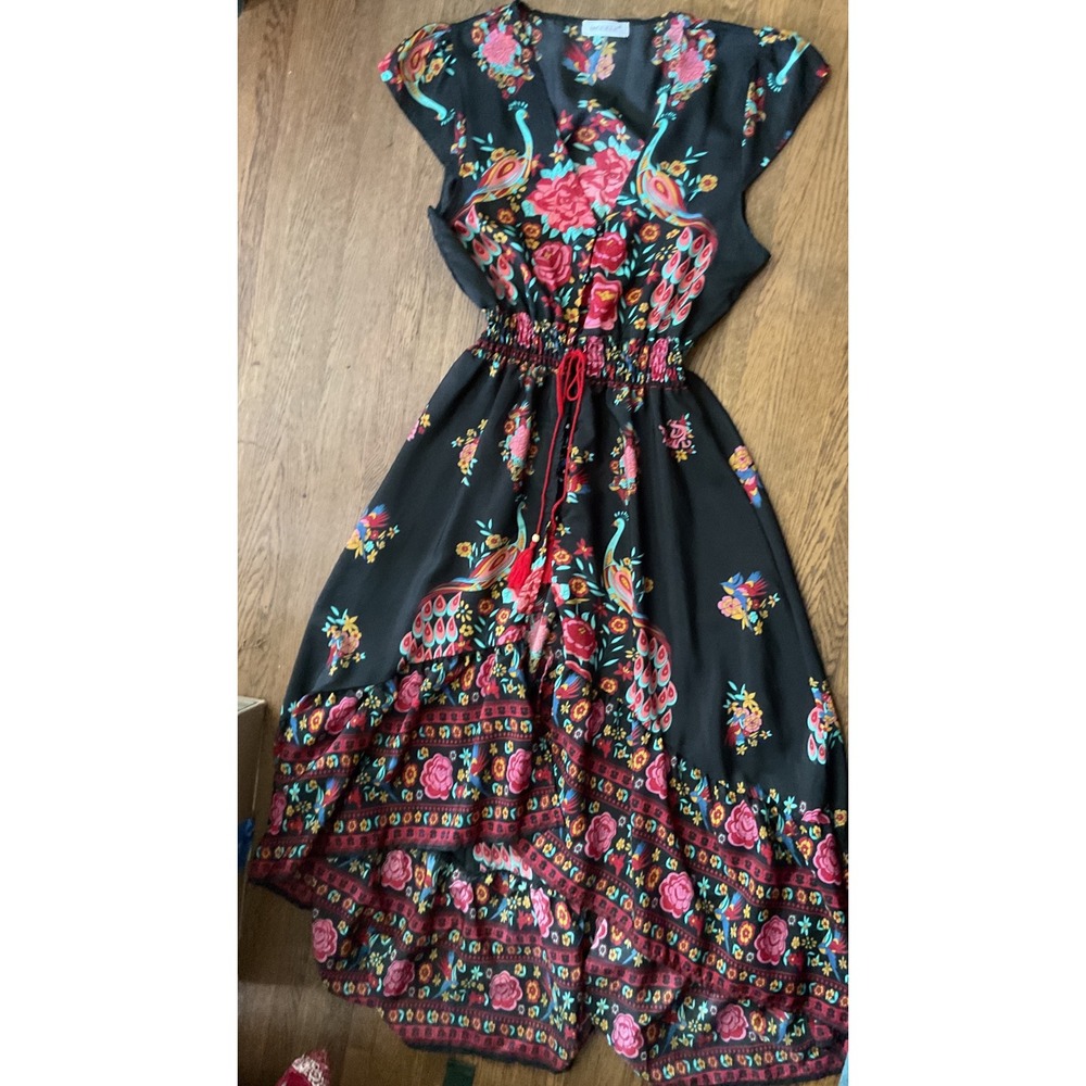Black Floral Maxi Dress with Pink & Teal Accents